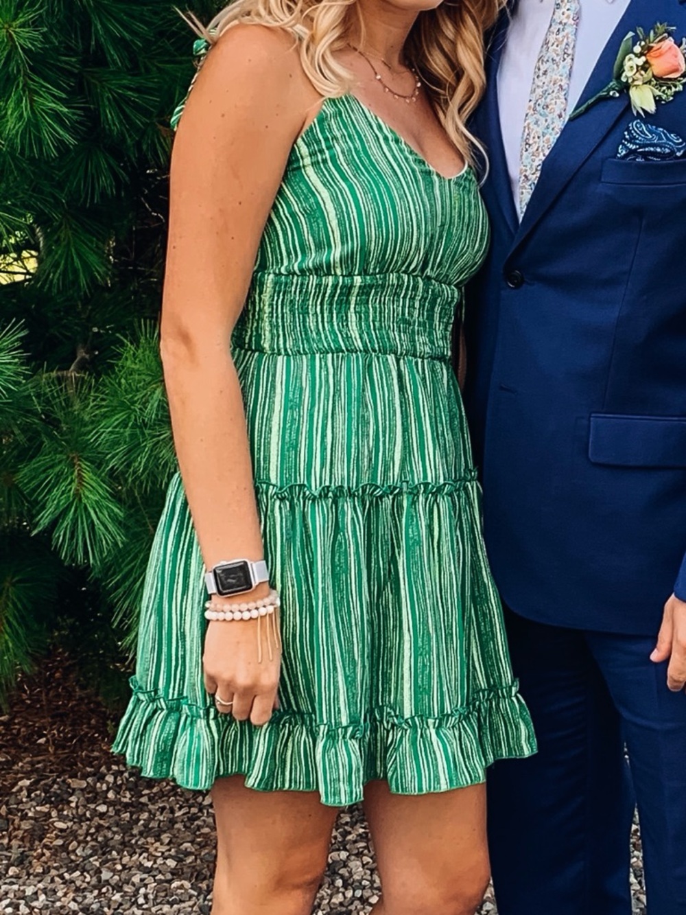 Main Strip Green Striped Mini Dress